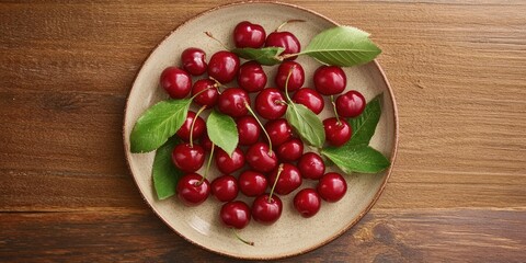 Poster - Sweet cherries with green leaves on a plate, set against a wooden background.