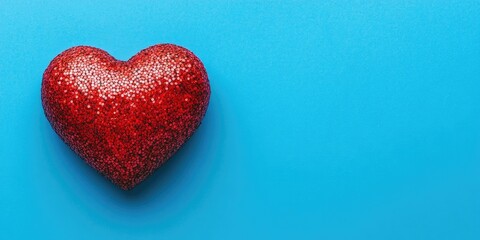 Poster - Red love heart idea. Blue backdrop. Congratulatory card. Copyspace. Empty space for text.