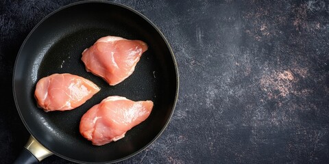Poster - raw chicken meat in a frying pan - cook the meat. food backdrop. top view and copy space.