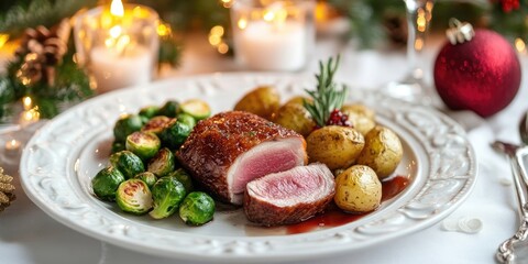 Poster - Seared duck breast fillet accompanied by brussels sprouts and duchess potatoes on a white table adorned with candles and Christmas decorations, copyspace, selected focus, narrow depth of field.
