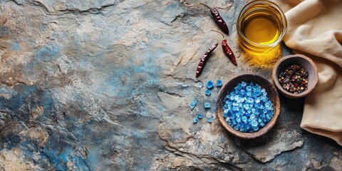 Poster - Persian blue salt arranged with a napkin, olive oil, and chili oil on a rustic stone backdrop. Copy space. Square image.
