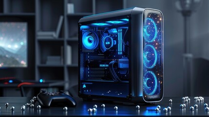 Poster - Sleek gaming PC tower with blue LED lighting, controller, and metallic spheres on a dark desk.