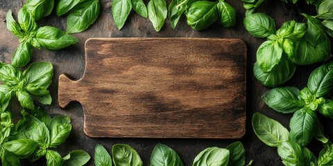 Poster - Empty wooden cutting board set against a background of various sweet basil leaves. Healthy food concept. Top view with copy space.