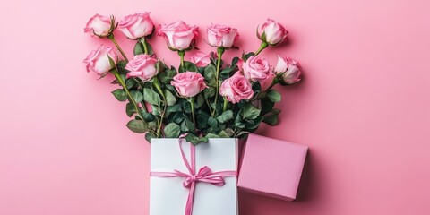 Leinwandbilder - Gift bag with a bouquet of pink roses and a gift box against a pastel pink background, providing space for text. Flat lay, top view, suitable for birthday, Mother's Day, or St. Valentine's.