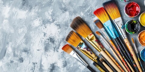 Poster - Set of paintbrushes and watercolor paints on a grey wooden table, artistic gray backdrop, creative area for painting lessons, painter's workspace, children's art school desk, top view, copy space.