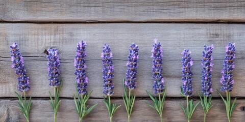 Poster - Lavender flowers arranged in a row on a background of aged wood texture.