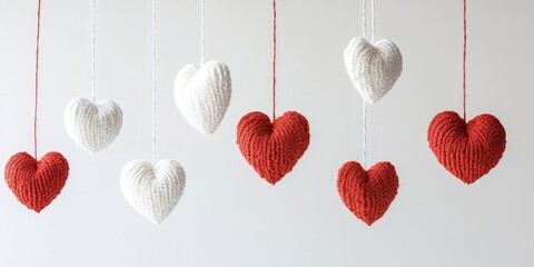 Poster - Red and white handcrafted hearts suspended against a white backdrop. Copy space.