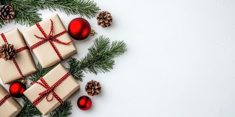 Aufkleber - Christmas arrangement. Presents, fir tree branches, red ornaments on a white background. Christmas, winter, New Year idea. Flat lay, top view, copyspace.