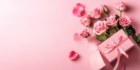 Leinwandbilder - Gift bag featuring a bouquet of pink roses and a gift box on a pastel pink background, with space for text. Flat lay, top view, suitable for birthdays, Mother's Day, or St. Valentine's.