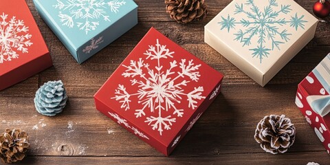 Wall Mural - Christmas gift boxes featuring snowflake designs on a wooden background.