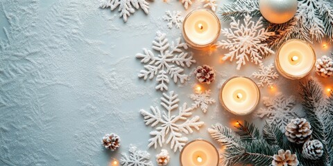 Fototapete - Christmas snowflakes with candles on a light backdrop. Selective focus. A space for copy. Top view. Christmas, New Year card background.