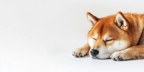 Poster - A Female Shiba Inu dog resting on a white background with copy space.