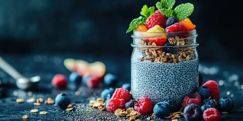 Aufkleber - Nutritious breakfast featuring chia seed pudding, granola, fruits, and berries in a mason jar.