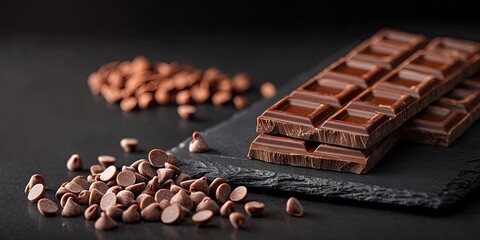 Poster - Chocolate bars and chocolate chips on a slate board set against a reflective background. Special lighting, selective focus, copyspace.