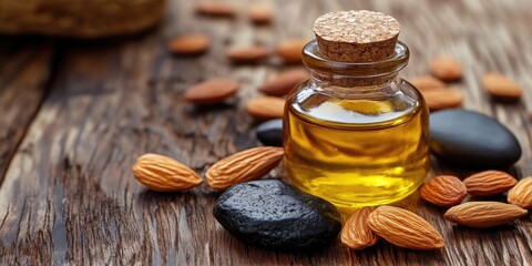 Poster - jar of almond oil, black stone on the table for a spa, selective focus, copyspace