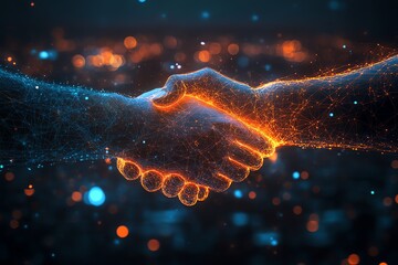Poster - Abstract glowing handshake symbolizing partnership, deal, agreement, and collaboration.