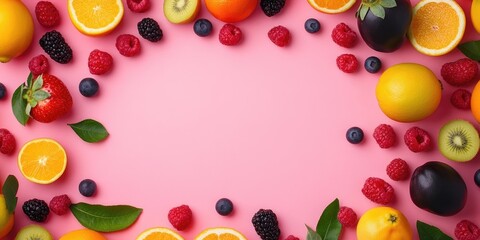 Poster - Colorful summer fruits border a pink background from a top view with copy space.