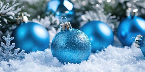 Poster - Blue glass Christmas ornaments on a snowflake backdrop.