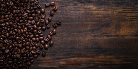 Leinwandbilder - Background featuring roasted coffee beans on a wooden table. Captured from above. Warm-colored backdrop with coffee beans.