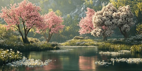 Fototapete - Flowering spring trees in the backdrop of the pond. The theme of blooming spring, pollen, and allergies.