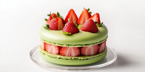Aufkleber - A green macaron cake adorned with strawberry slices placed on a clear saucer set against a white background. Empty.