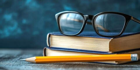 Poster - Engaging books, a pencil, and reading glasses. Concept of back to school, education, international book day, and leisure activity.