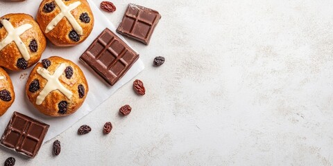 Poster - Homemade chocolate and traditional hot cross buns with raisins on a white stone backdrop. Copy space.