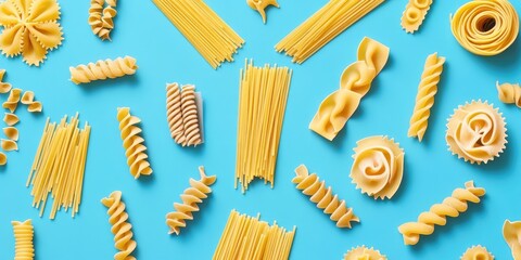 Aufkleber - Various types of uncooked pasta set against a colored background.