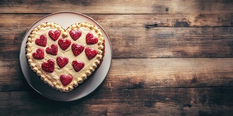 Poster - Heart-shaped cake for Valentine's Day or Mother's Day on a wooden table. Copyspace.