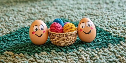 Poster - Two chicken eggs with painted faces rest on a carpet resembling green grass. In between them sits a wicker dish filled with multicolored knitted eggs.