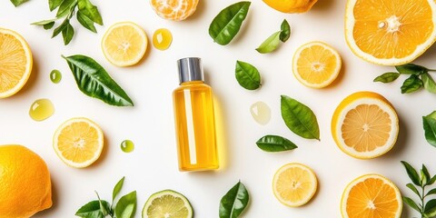 Poster - Lemon face wash. Fresh citrus fruits and personal care items on a white background, flat lay with room for text.
