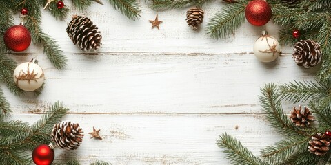 Poster - Christmas background featuring fir branches and decorations on a white rustic wooden surface with copyspace.