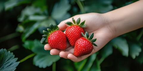 Poster - Ripe strawberries held in a woman's hand with foliage in the background. Copy space