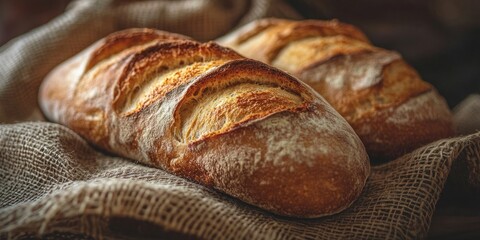 Poster - Freshly baked loaves of bread on a burlap background with a dark wooden surface. Close-up texture of Italian bakery products.