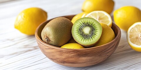 Poster - kiwi in a wooden bowl with lemons on a white wooden background. copy space.