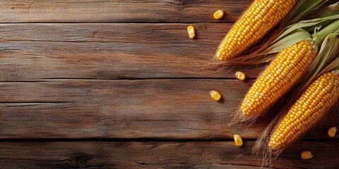 Aufkleber - Corns or Maizes Isolated on a Wooden Background with Copy Space for Text in a Horizontal Layout, Ideal for Wallpaper.