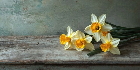Poster - A bunch of daffodils on an aged wooden table.