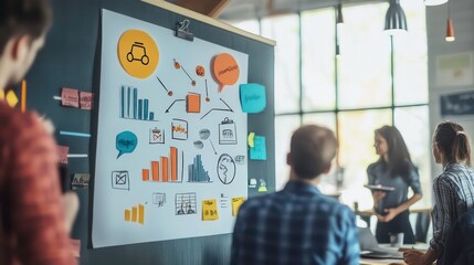 Poster - A group of diverse colleagues in a casual office setting, collaborating on a brainstorming session, working on a whiteboard covered in charts, graphs, and sticky notes, looking at the presentation.