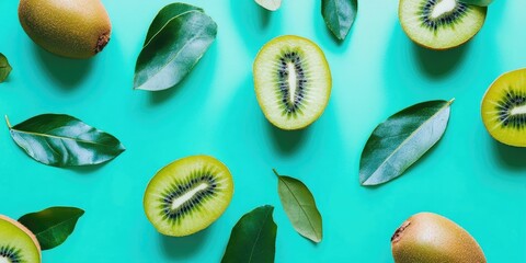 Poster - Fresh kiwi and leaves on a turquoise backdrop.