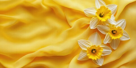 Leinwandbilder - Three daffodils on a vivid yellow backdrop. Elegant fabric curves alongside the spring flowers. Play of light and shadow in the background. Top view with copyspace available for text.