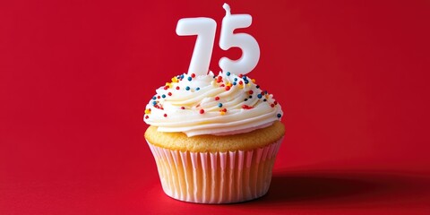 Poster - Seventy-five birthday celebration. Cupcake topped with a white candle shaped like the number 75. Bright red background with copyspace.