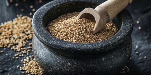 Leinwandbilder - Mortar and toasted sesame seeds.