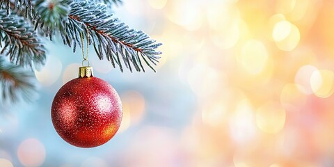 Aufkleber - Christmas ball hanging on a Christmas tree branch with a blurred shiny background. Space for text.