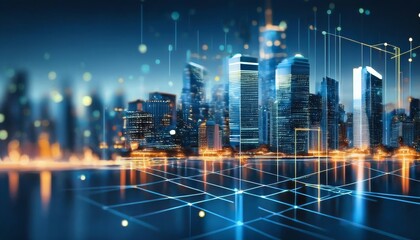 Poster - A futuristic city skyline illuminated with bright lights and digital overlays, representing technology and innovation.