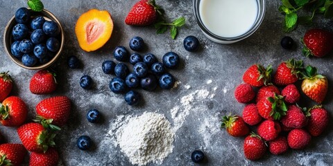 Poster - Preparing ingredients for a bakery: blueberries, strawberries, flour, and milk on a grey stone background, shown up close with copy space and top view.