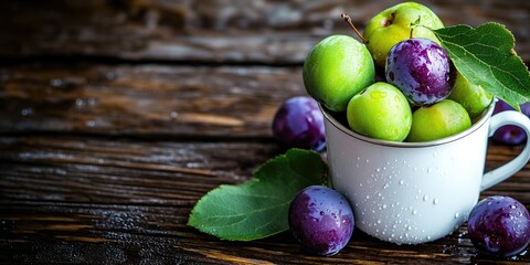 Poster - Violet and green plums in a white metal cup, accompanied by a green leaf and water droplets, set against a brown wooden background. Summer fruit harvest, copy space.