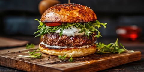 Poster - Delicious street food grilled beef burger in a crunchy shortbread with lettuce and mayonnaise presented on a wooden cutting board. Copyspace available.