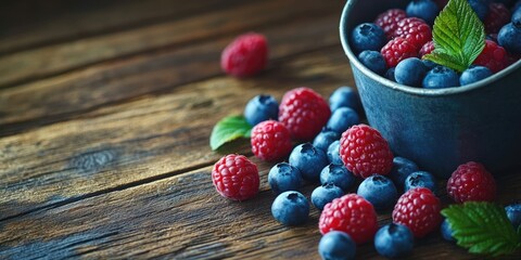 Poster - Blueberries or raspberries spilled from a pot onto a wooden background. Health and diet concept. Copyspace.