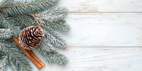 Poster - Blue fir tree branch with a large cone and cinnamon sticks on a white wooden background. Christmas blank card, copyspace.