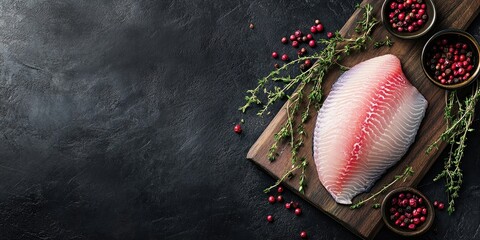 Poster - Raw tilapia fillet on a cutting board accompanied by thyme and pink pepper. Black backdrop. Top view. Copy space.